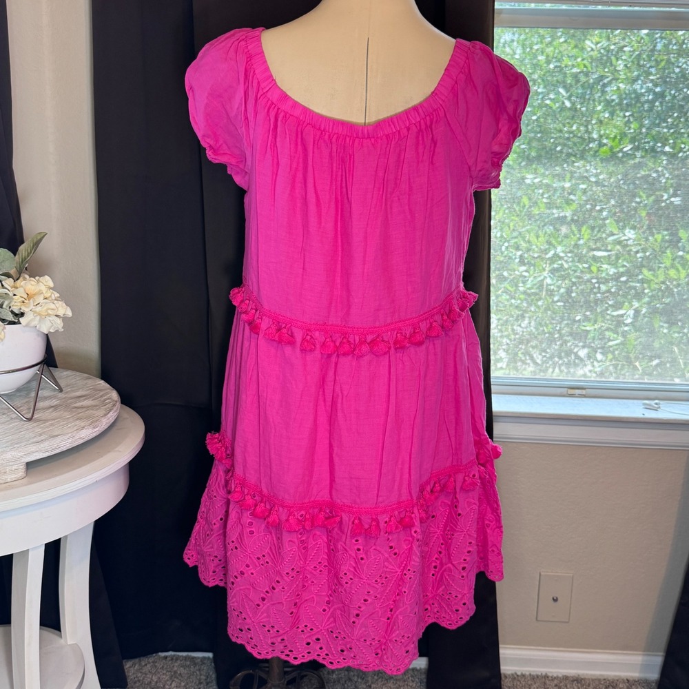 Sweet Lovely by Jen Hot Pink Tassel Tiered Eyelet Lace Mini Dress Womens Large - Picture 2 of 5
